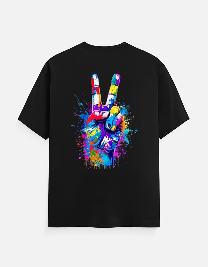 AMAB black 100% cotton crew neck t-shirt with a colorful "peace sign" graphic on the back.