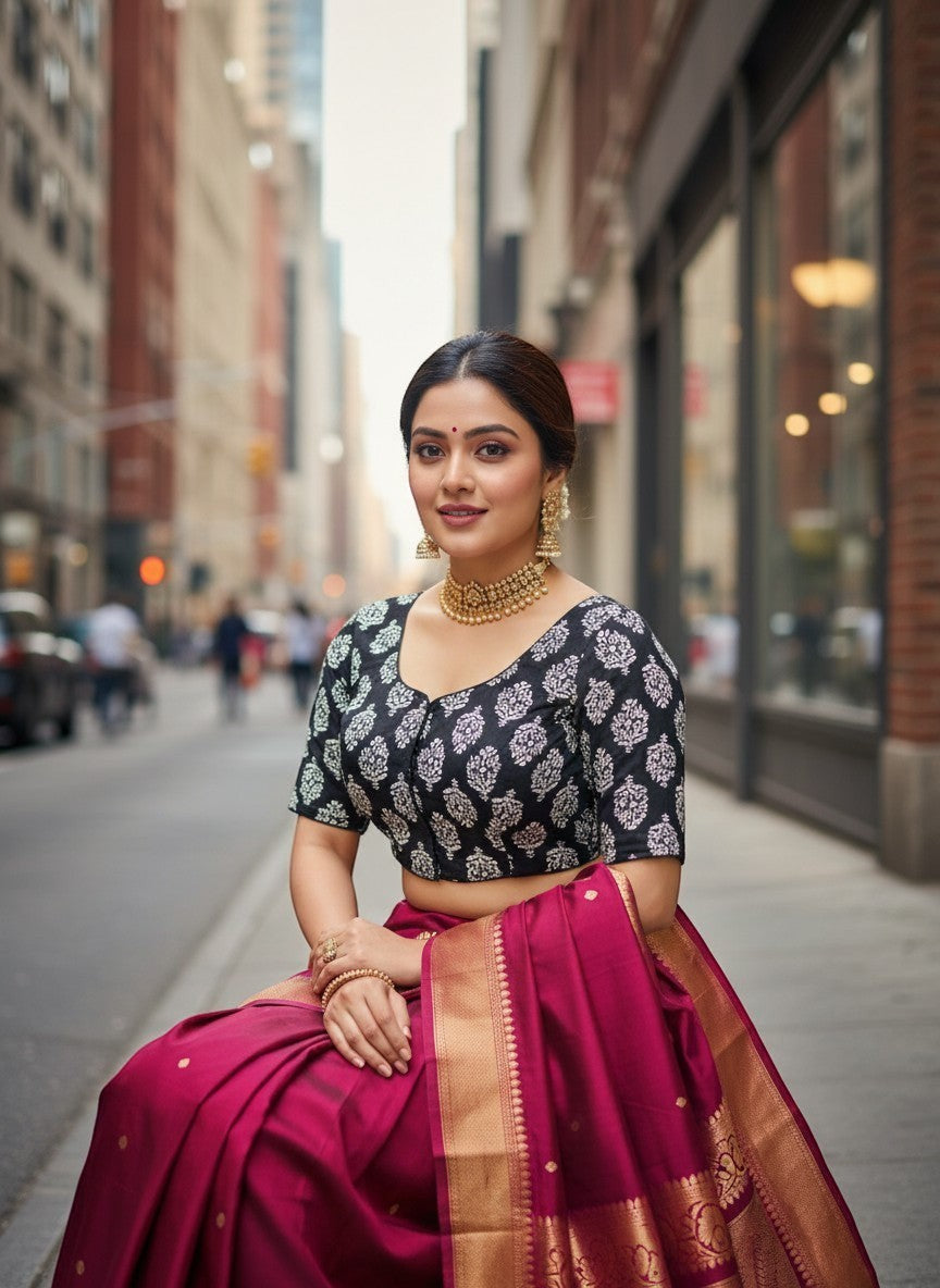 AMAB black cotton hand-painted blouse with short sleeves and padded design, paired with a magenta silk saree.