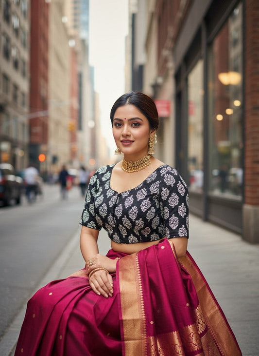AMAB black cotton hand-painted blouse with short sleeves and padded design, paired with a magenta silk saree.