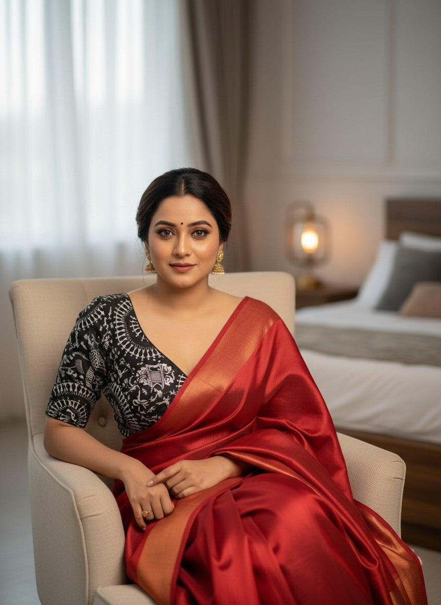 AMAB black cotton hand-painted blouse with short sleeves and padded design, paired with a red silk saree.