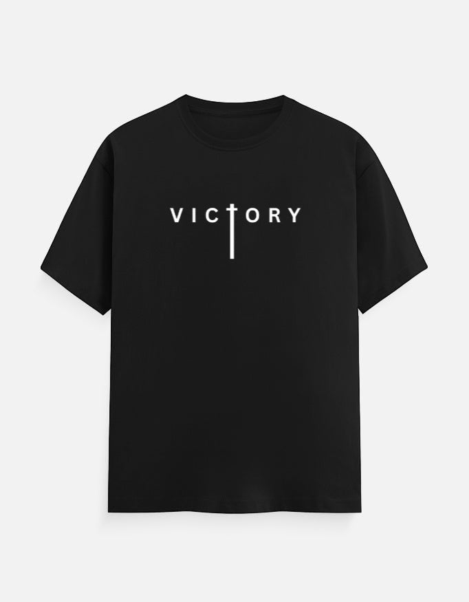AMAB black 100% cotton crew neck t-shirt with white "Victory" typography on the front.