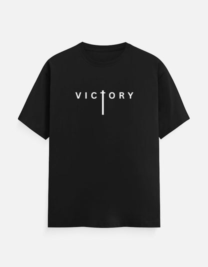 AMAB black 100% cotton crew neck t-shirt with white "Victory" typography on the front.