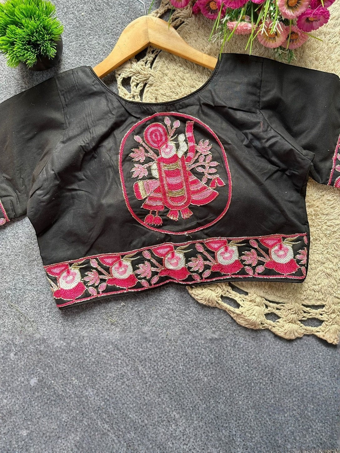 AMAB black pure khadi cotton blouse with pink embroidery on front and sleeves, round neck, short sleeves, front open style.