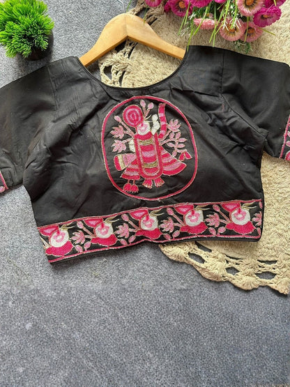 AMAB black pure khadi cotton blouse with pink embroidery on front and sleeves, round neck, short sleeves, front open style.