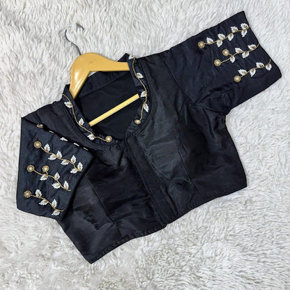 AMAB black silk blouse with embroidered collar and sleeves, featuring gold and white leaf motifs. Padded fit, ideal for partywear.