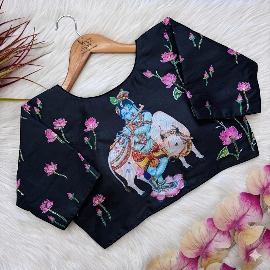 AMAB black pure silk blouse with Krishna print and lotus motifs. Features antique handcrafted work.