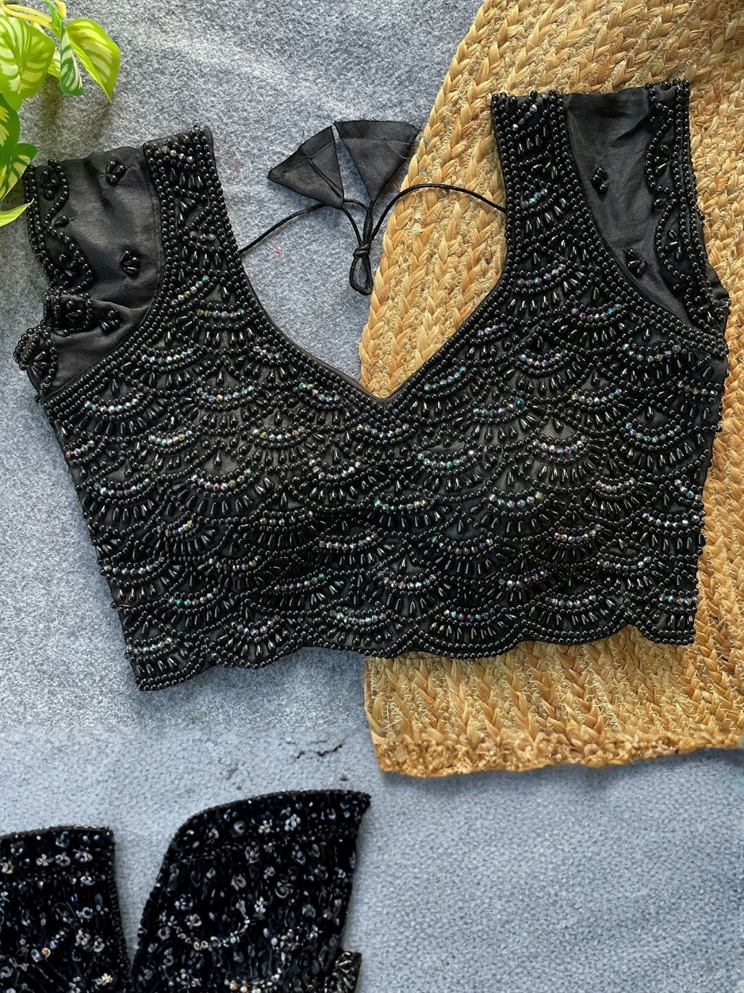 AMAB black pure silk designer blouse with intricate pearl, bead, and crystal handwork in a scalloped pattern.