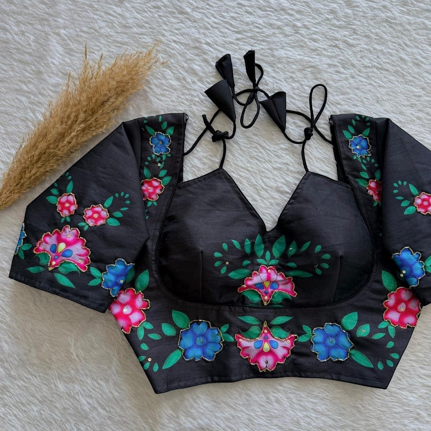 AMAB black semi pure silk blouse with colorful floral print and antique handcrafted work. V-neck, tie-up closure.