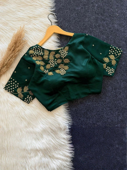 AMAB Bollywood Collection emerald green silk blouse with gold handwork on front and sleeves, padded, short sleeves.