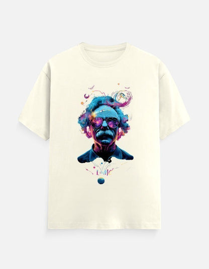 AMA B Unisex Classic Crew T-Shirt in cream, 100% cotton, featuring a vibrant graphic print of Albert Einstein with sunglasses and cosmic elements.
