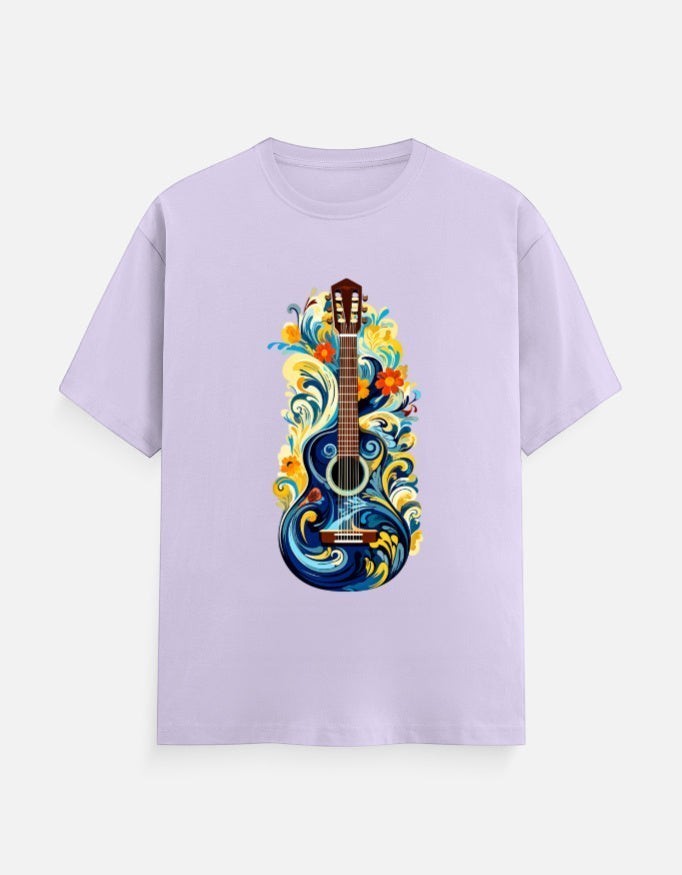 AMA B Unisex Classic Crew T-Shirt in light purple with a vibrant blue guitar graphic and floral accents.