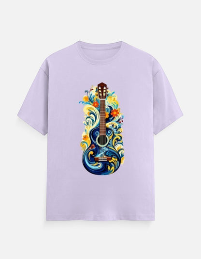 AMA B Unisex Classic Crew T-Shirt in light purple with a vibrant blue guitar graphic and floral accents.