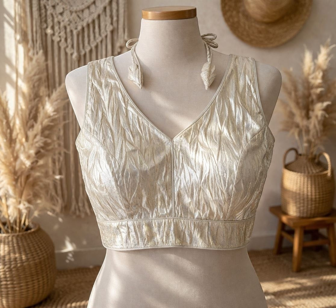 AMAB cream crush pattern soft silk padded designer blouse with V-neck and tie-up halter.
