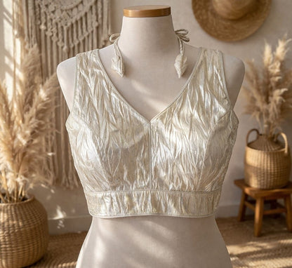 AMAB cream crush pattern soft silk padded designer blouse with V-neck and tie-up halter.