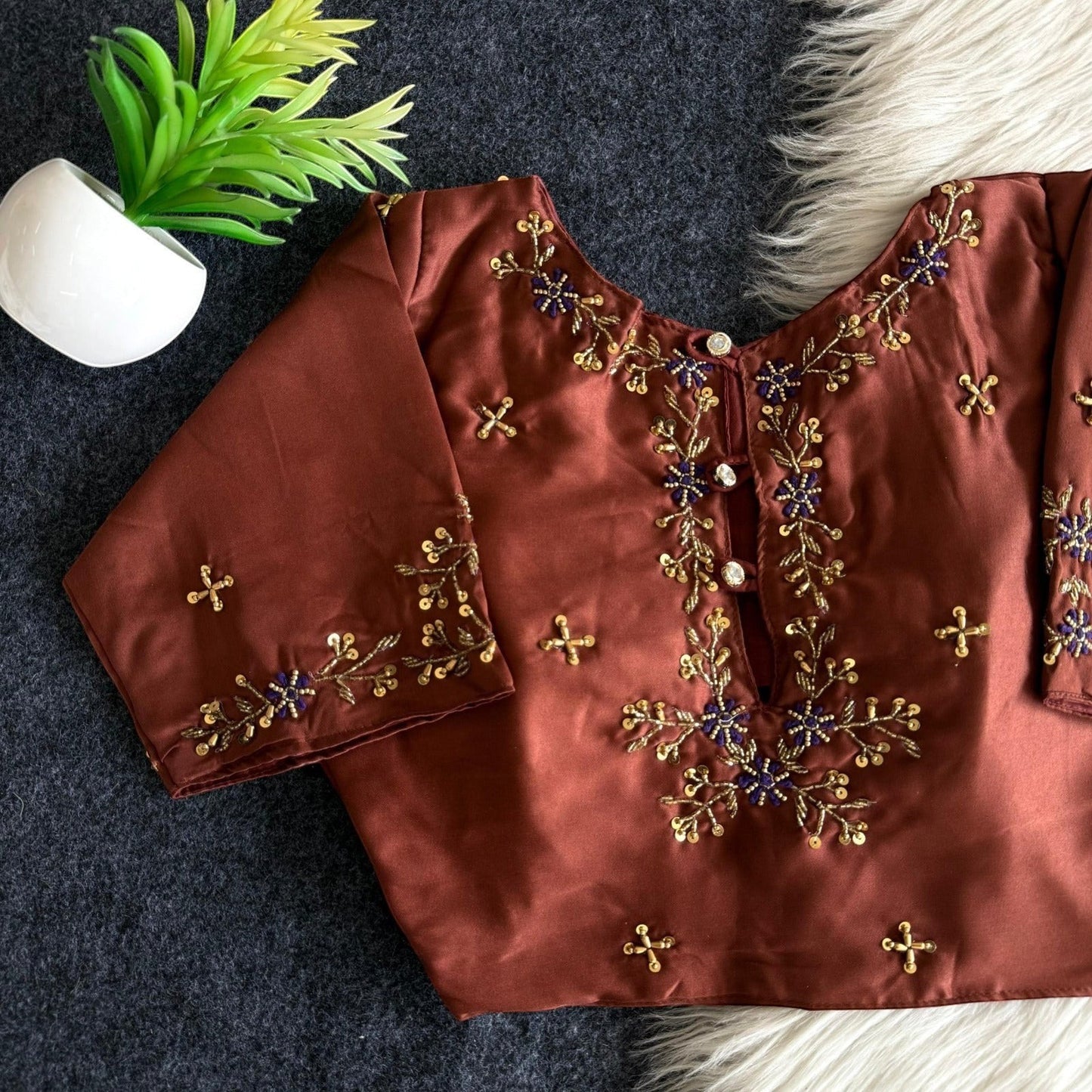 AMAB designer brown butter silk blouse with heavy gold and purple handwork on back and sleeves. Padded partywear.