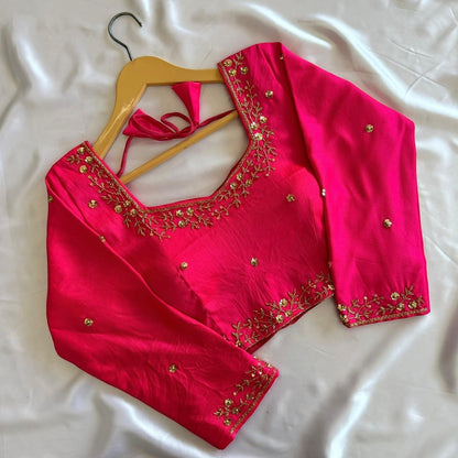AMAB designer hot pink Kimora silk blouse with golden handwork, sequence, and 3/4 sleeves. Padded partywear.