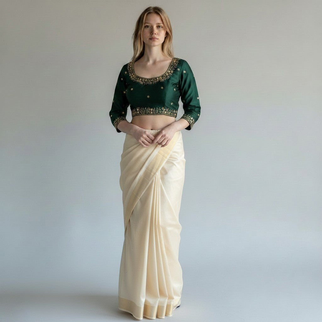 AMAB designer dark green Kimora silk blouse with golden handwork and sequence, 3/4 sleeves, padded, 17-inch length.