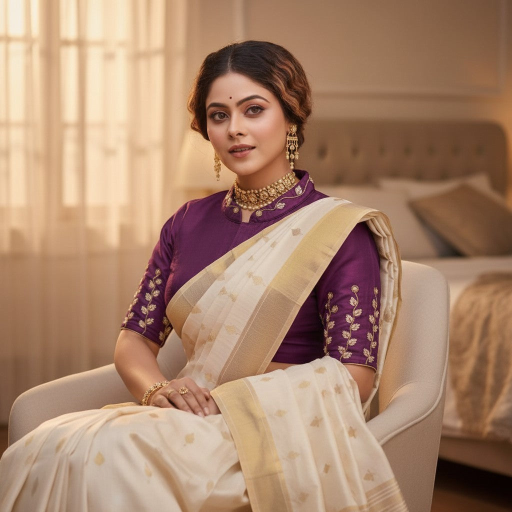 AMAB designer pista silk blouse with handcrafted embroidery on sleeves and collar, paired with a cream saree.