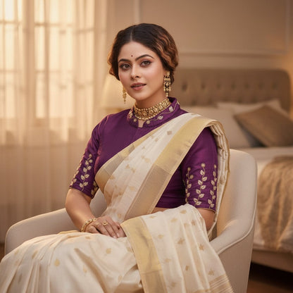 AMAB designer pista silk blouse with handcrafted embroidery on sleeves and collar, paired with a cream saree.