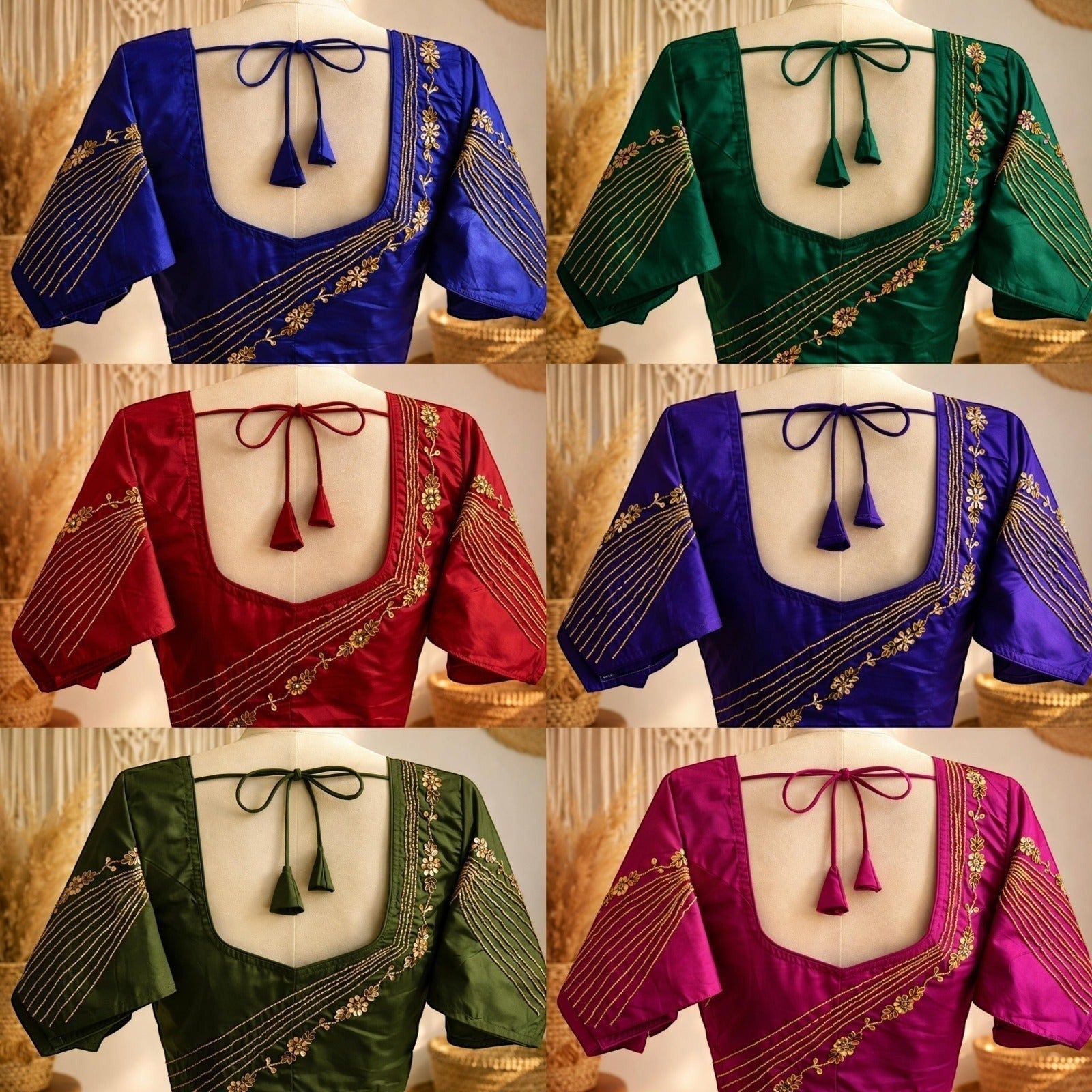 AMAB designer soft silk blouse with heavy handwork on back & sleeves, padded partywear blouse. Available in blue, green, red, purple, olive green, and magenta.