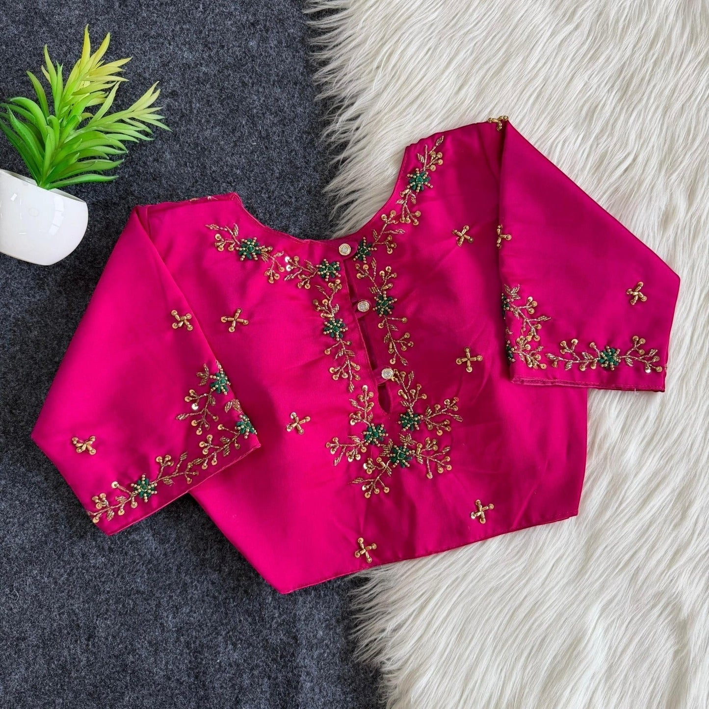 AMAB designer hot pink butter silk blouse with heavy gold and green handwork on sleeves and back. Padded partywear.