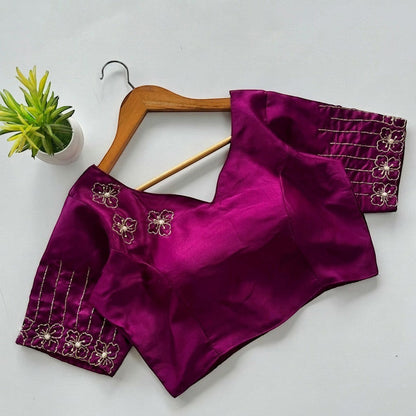 AMAB elegant magenta Dilruba silk blouse with golden handwork floral embroidery on sleeves and neckline. Padded partywear.