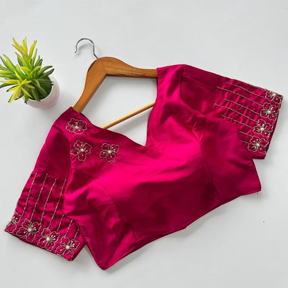 AMAB hot pink Dilruba silk blouse with golden handwork floral embroidery and beaded details on sleeves.