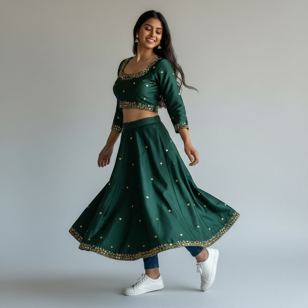 AMAB designer emerald green Kimora silk blouse with golden handwork, sequence, and 3/4 sleeves. Padded partywear.