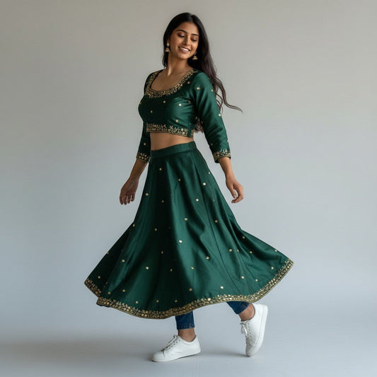 AMAB designer emerald green Kimora silk blouse with golden handwork, sequence, and 3/4 sleeves. Padded partywear.