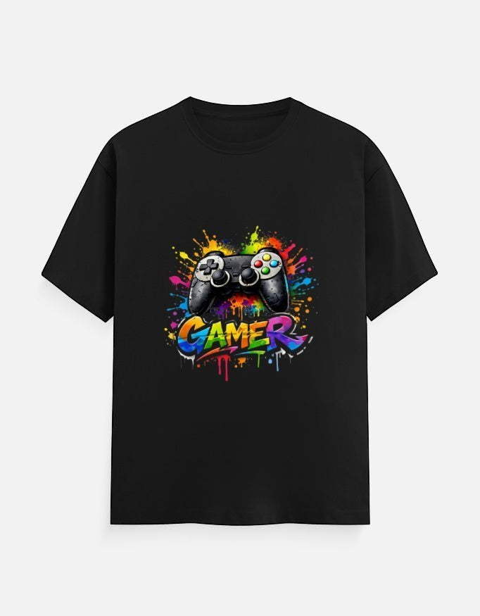 AMAB black cotton t-shirt with a colorful graphic print of a video game controller and the word GAMER in graffiti style.