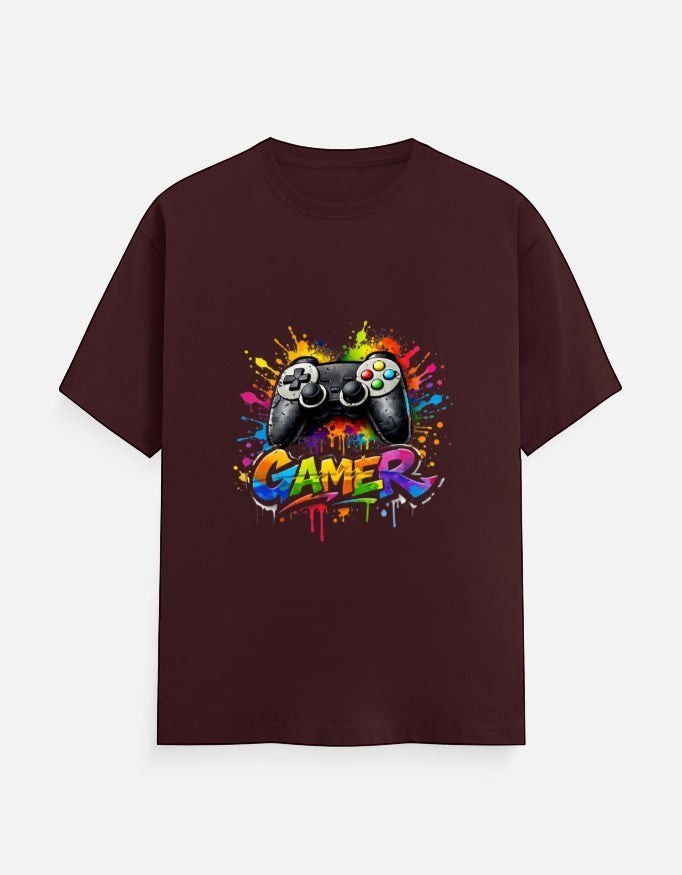 AMAB men's maroon cotton t-shirt with a graphic print of a black video game controller and the word GAMER in graffiti style.
