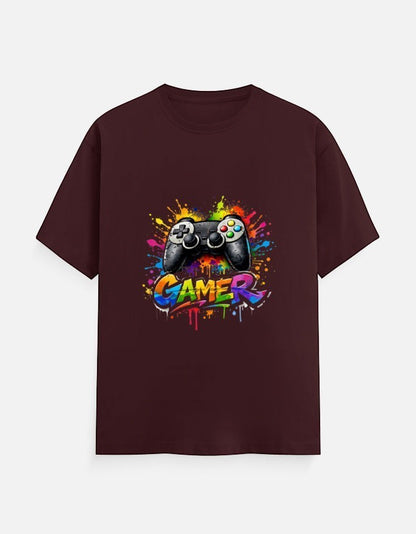 AMAB men's maroon cotton t-shirt with a graphic print of a black video game controller and the word GAMER in graffiti style.