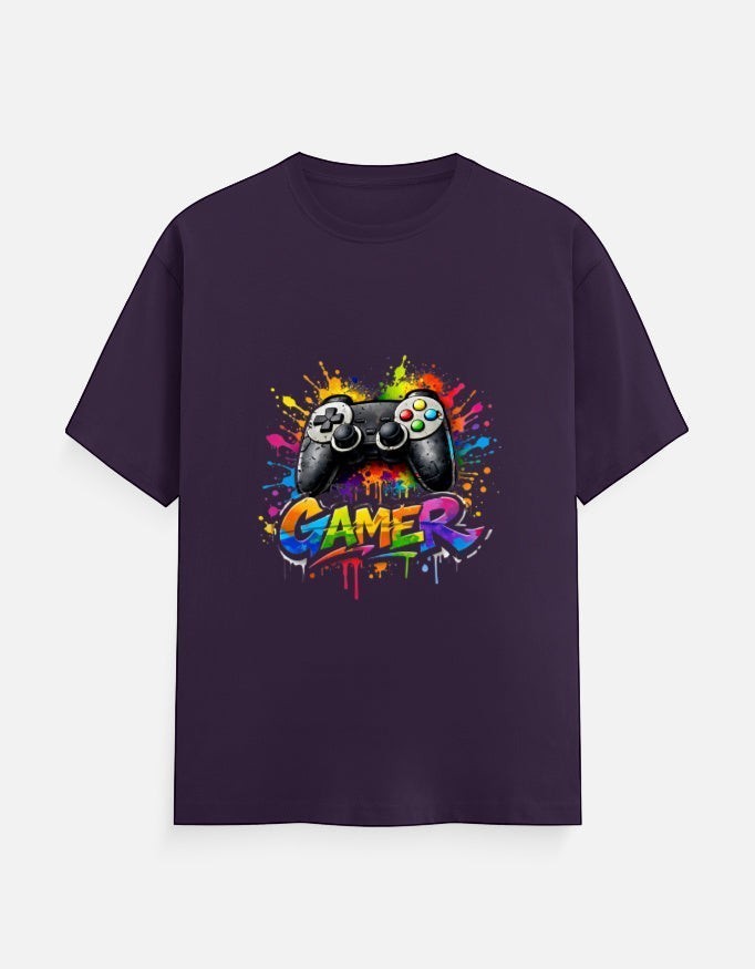 AMAB purple cotton t-shirt with a graphic print of a video game controller and the word GAMER in graffiti style.
