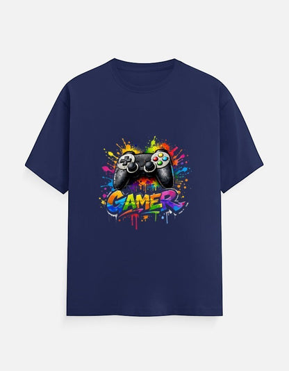 AMAB navy blue cotton t-shirt with a colorful graphic print of a video game controller and the word GAMER in graffiti style.