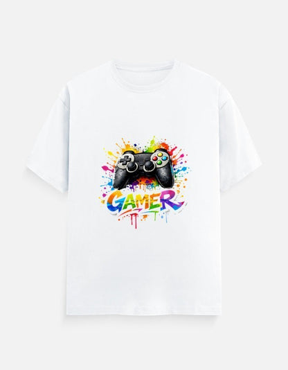 AMAB Men's white cotton t-shirt with a black video game controller graphic and colorful paint splatters. Text reads "GAMER".