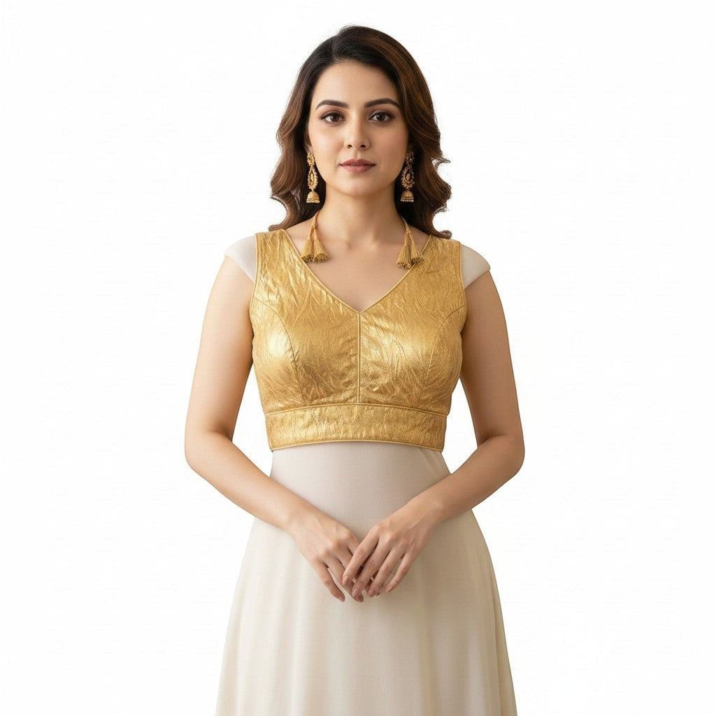 AMAB gold crushed silk padded designer blouse with V-neck and tassel detail, perfect for partywear.