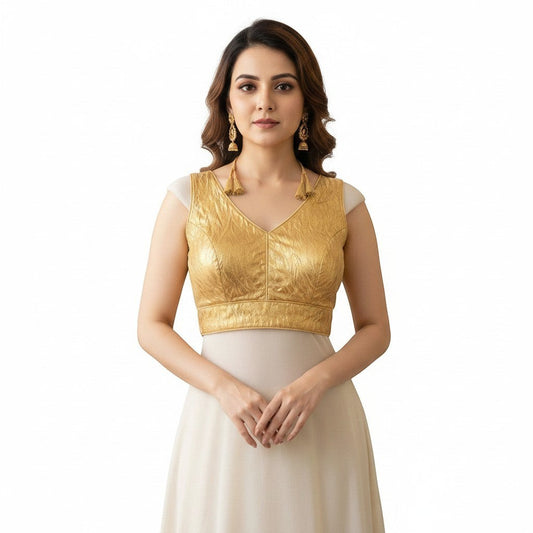 AMAB gold crushed silk padded designer blouse with V-neck and tassel detail, perfect for partywear.