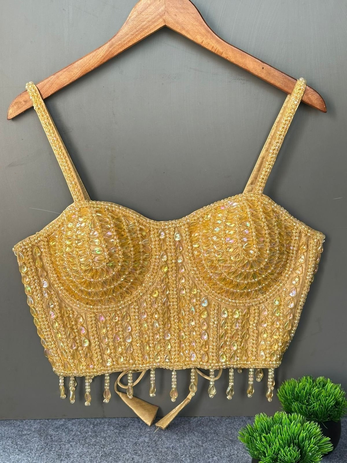 AMAB gold spaghetti strap blouse with heavy pearl and bead embellishments and beaded fringe detail.