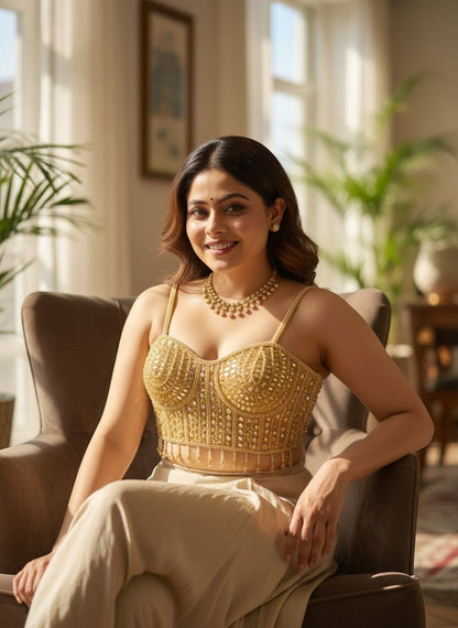 AMAB gold spaghetti strap blouse with heavy pearl and sequin handwork, sleeveless, back open design, perfect for parties.