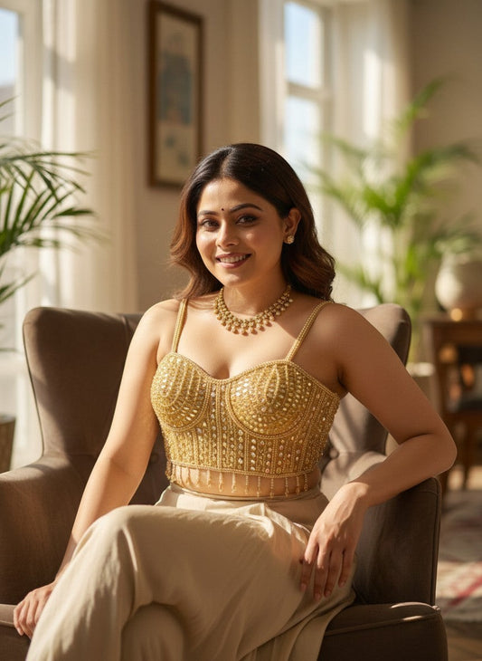 AMAB gold spaghetti strap blouse with heavy pearl and sequin handwork, sleeveless, back open design, perfect for parties.
