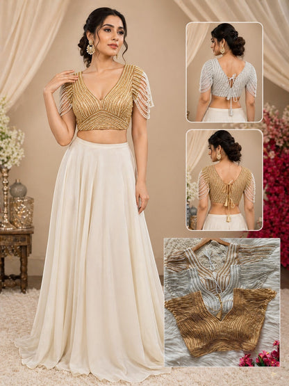 AMAB gold pure silk blouse with pearl beadwork on sleeves and neckline, V-neck, full sleeves, tie-back closure.