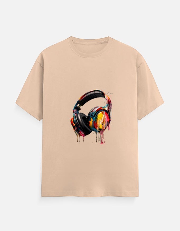 AMA B Graphic Print Short Sleeve Crew Neck T-Shirt in beige with a colorful, dripping headphone graphic.