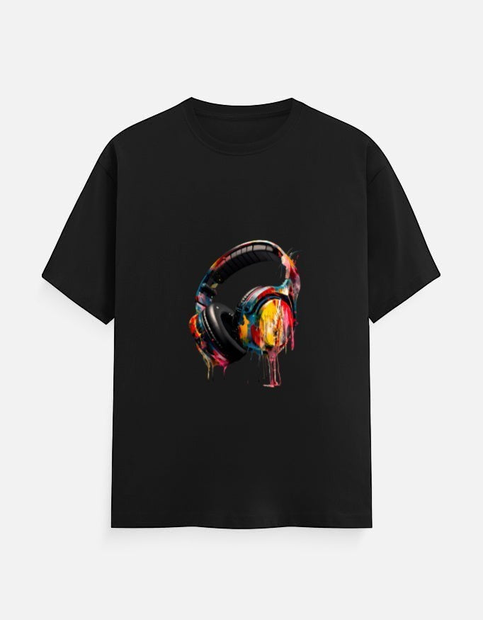 AMAB black cotton crew neck t-shirt with a vibrant, colorful graphic print of headphones with paint drips.