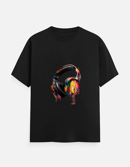 AMAB black cotton crew neck t-shirt with a vibrant, colorful graphic print of headphones with paint drips.