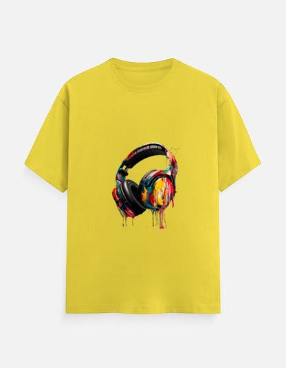 AMA B Graphic Print Short Sleeve Crew Neck T-Shirt with colorful dripping headphones graphic on yellow cotton.