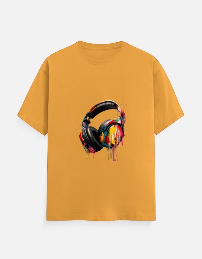 AMAB yellow cotton crew neck t-shirt with a colorful graphic print of dripping headphones.