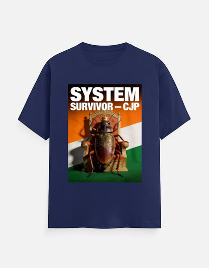 AMA B Graphic Print Oversized Cotton T-Shirt featuring a cockroach on a throne with "SYSTEM SURVIVOR - CJP" text.