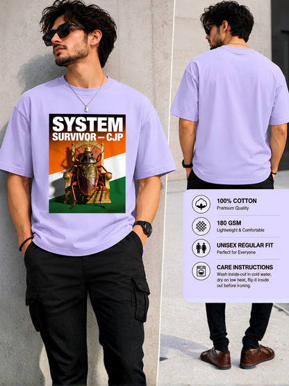 AMAB Graphic Print Oversized Cotton T-Shirt in lavender with a graphic of a beetle on a throne. Unisex fit.