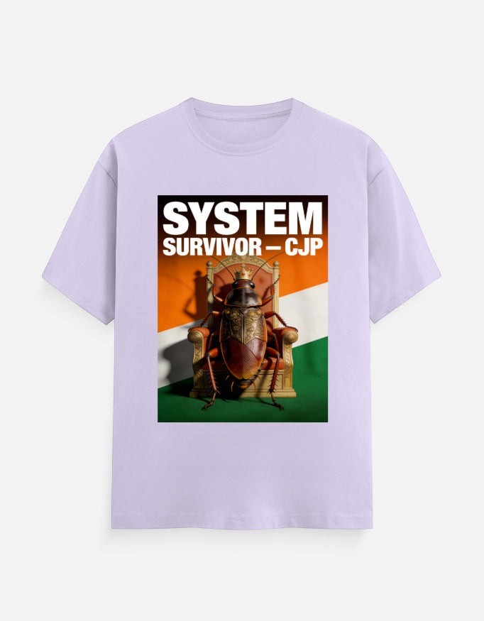 AMA B Graphic Print Oversized Cotton T-Shirt in light purple with a graphic of a cockroach on a throne with the text SYSTEM SURVIVOR - CJP.