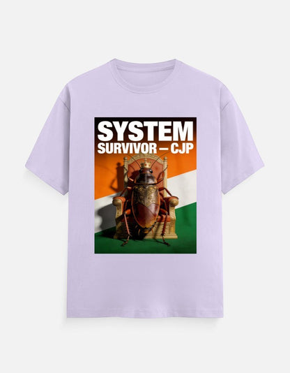 AMA B Graphic Print Oversized Cotton T-Shirt in light purple with a graphic of a cockroach on a throne with the text SYSTEM SURVIVOR - CJP.